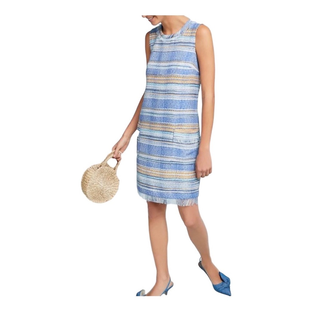 Akemi + Kin Anthropologie Tweed Sleeveless Shift Dress Fringe Trim blue size 12